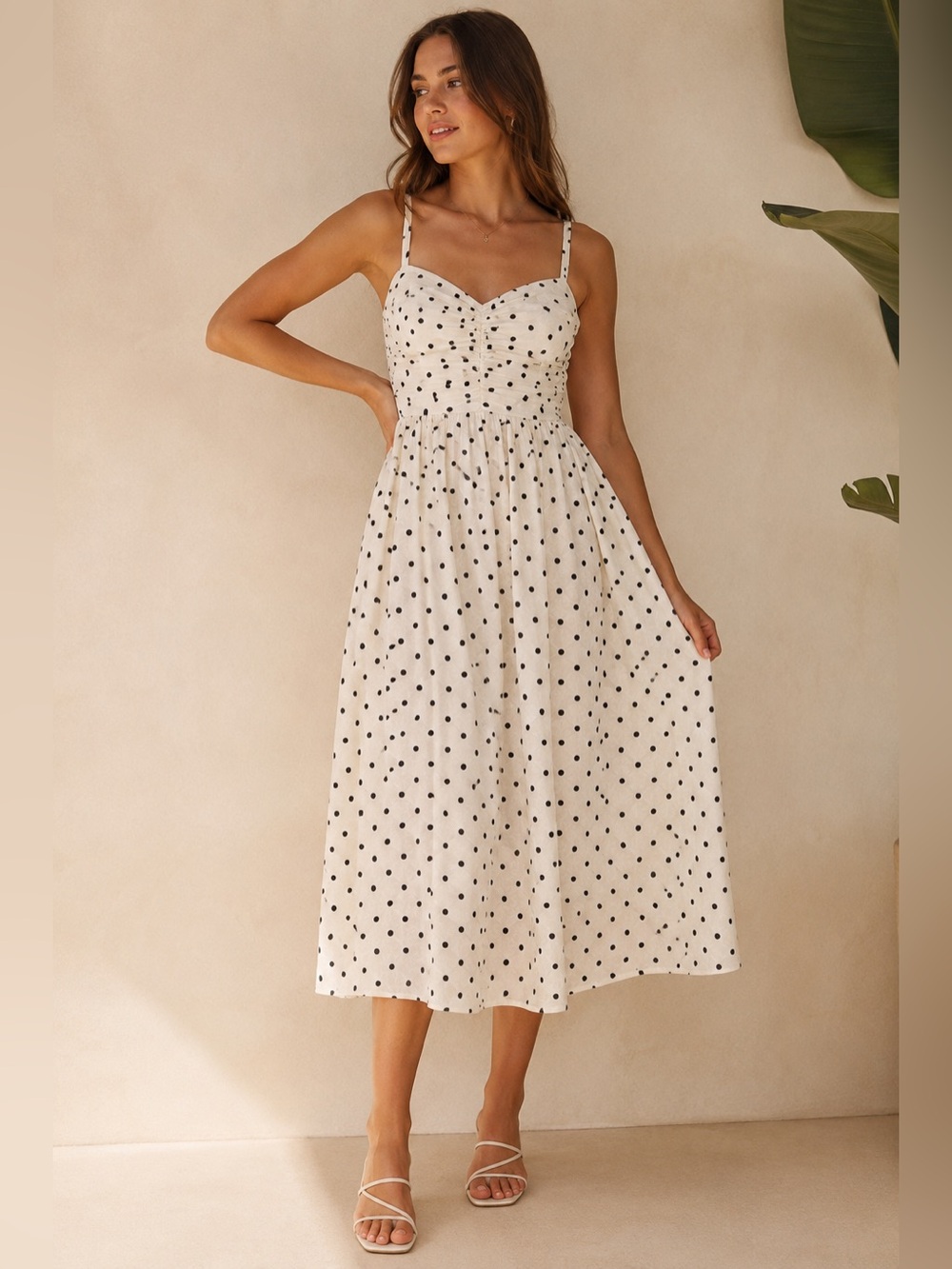 AUREUM Cream Midi Dress with Black Polka Dots